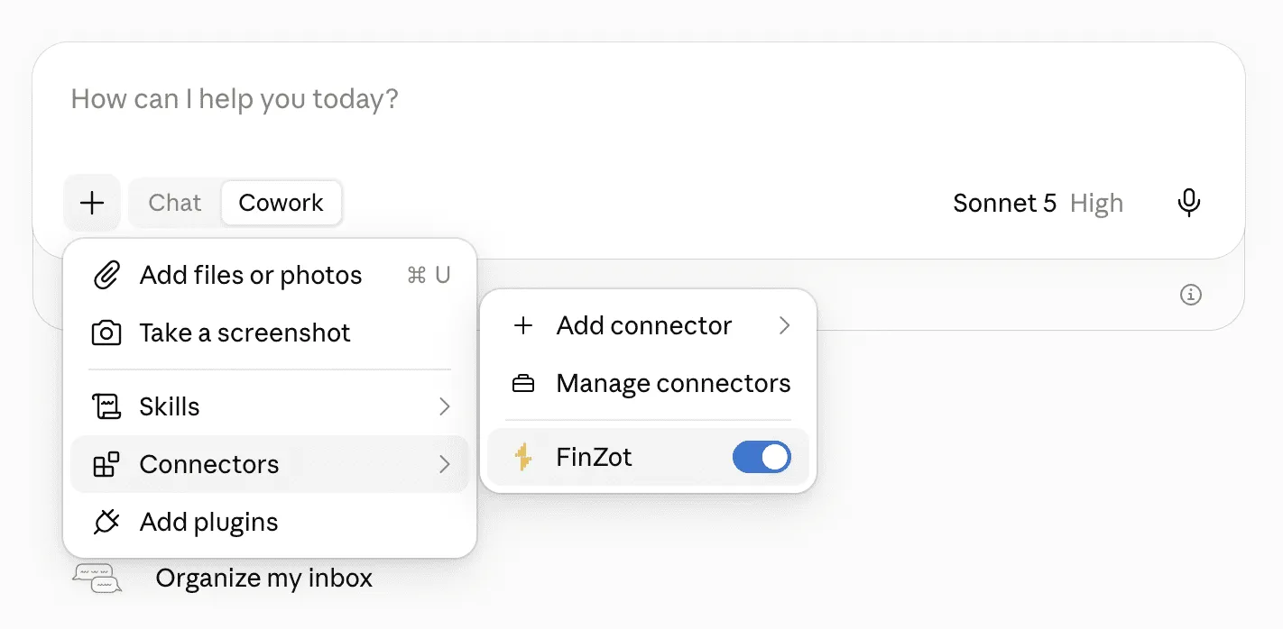 The Claude plus menu with Connectors open, showing FinZot listed with its toggle switched on