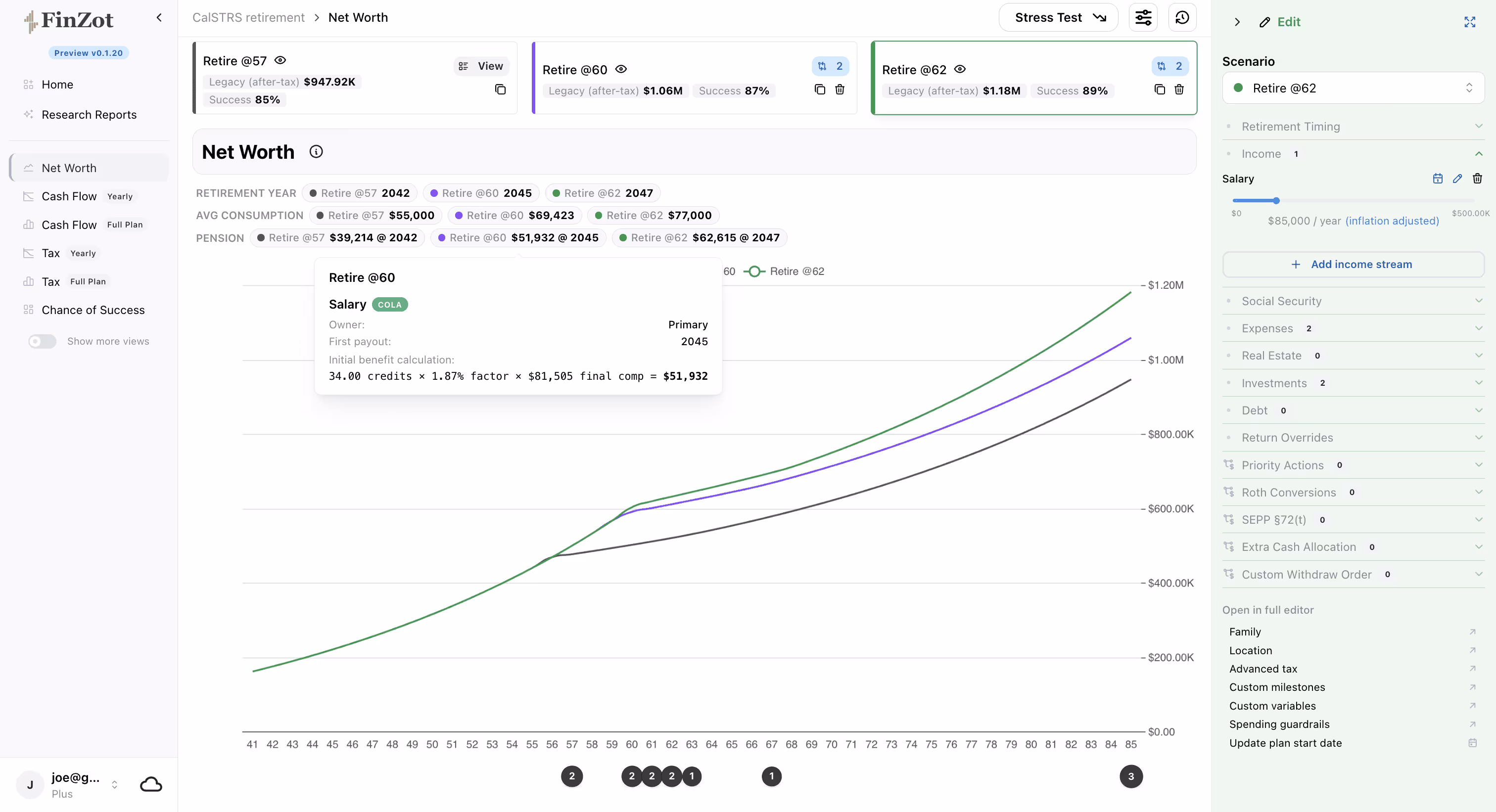 Comparing net worth across multiple retirement scenarios in FinZot